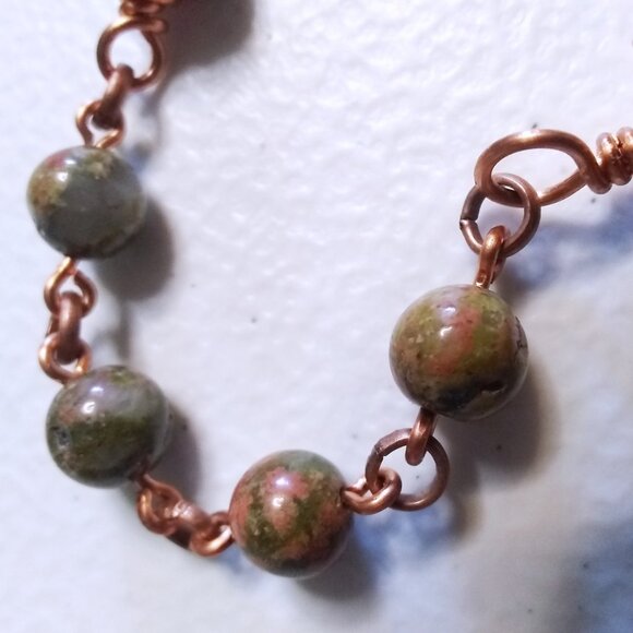 Hand Crafted! Unakite Jasper & Copper Owl + Wire Wrapped Unakite Moon Bracelet - Picture 5 of 13